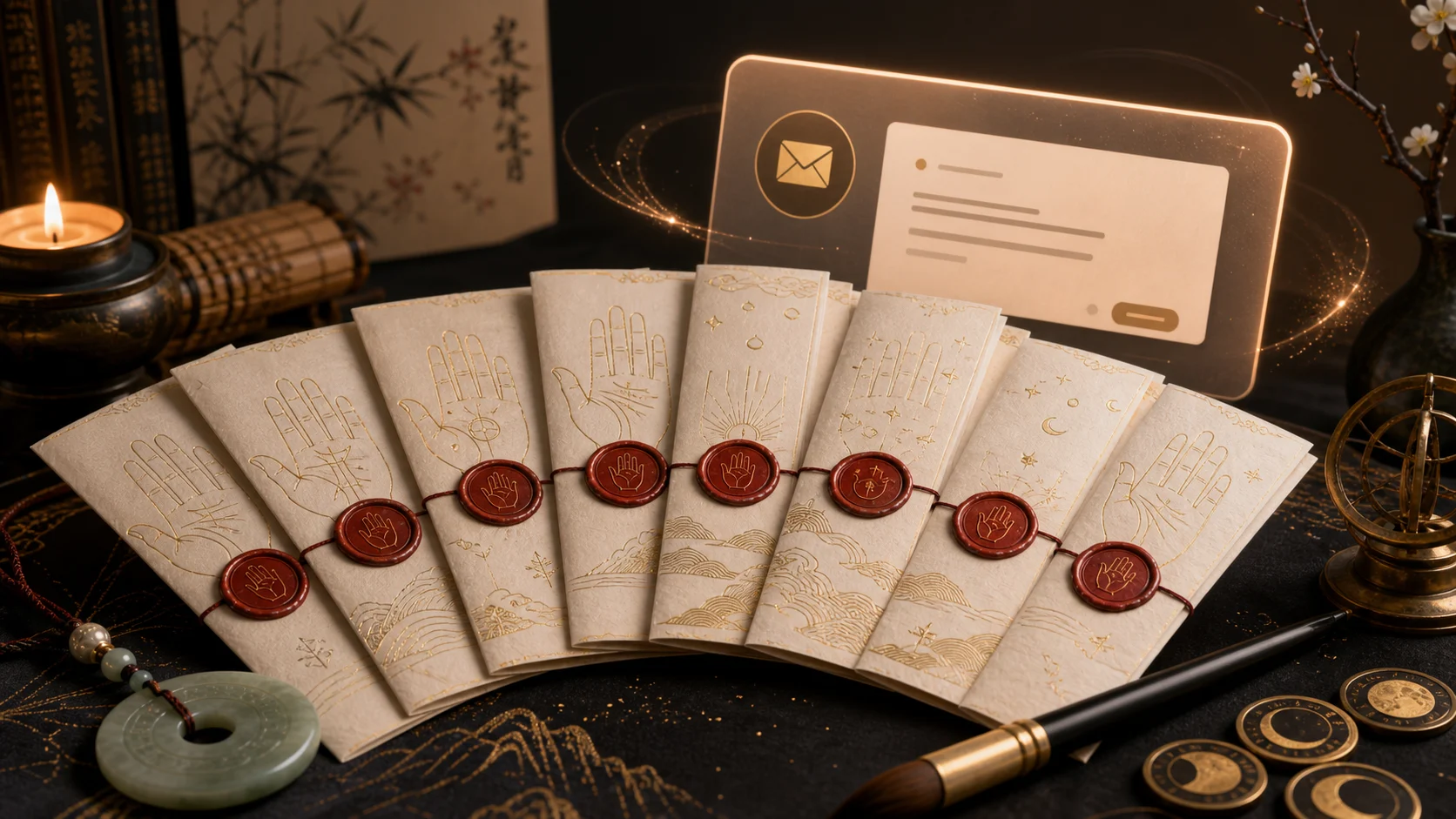 Seven rice-paper palmistry letters with cinnabar seals, jade, brush, moon coins and a modern glowing message card