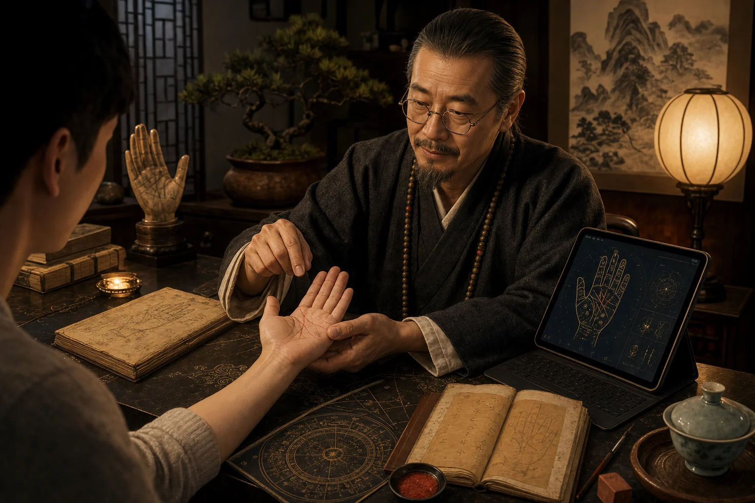 A calm East Asian palmistry master reading a client's palm beside old manuscripts, tea, cinnabar seal paste and a modern tablet palm chart