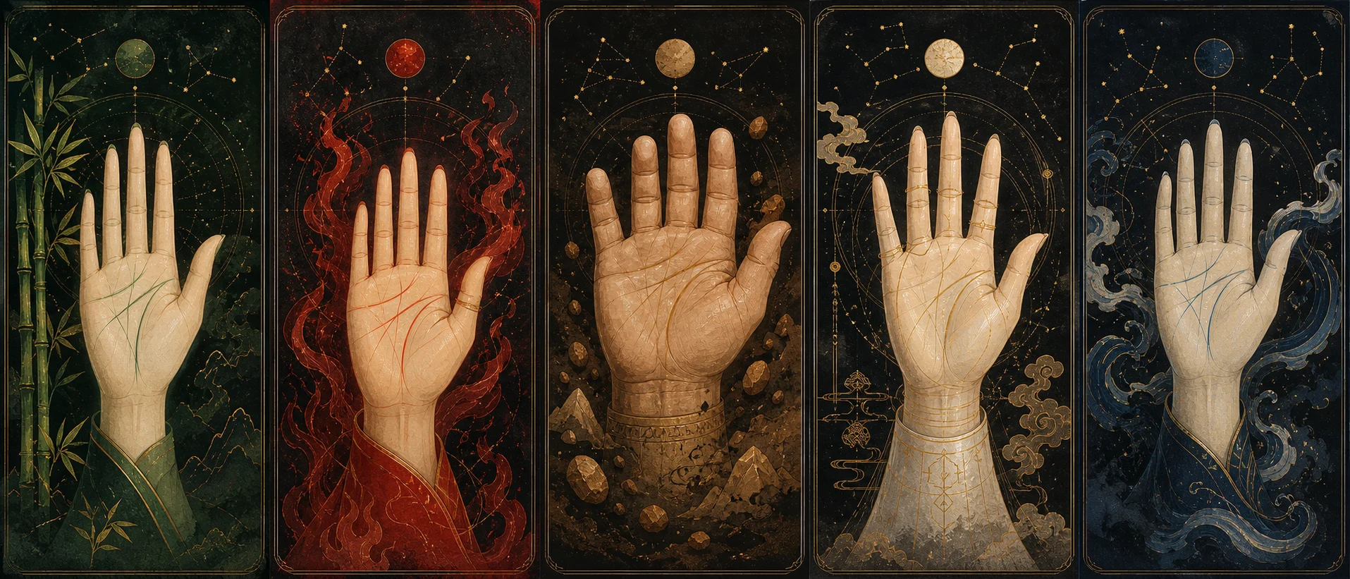 Five illustrated palmistry hands representing wood, fire, earth, metal and water with ink, gold foil and constellation details