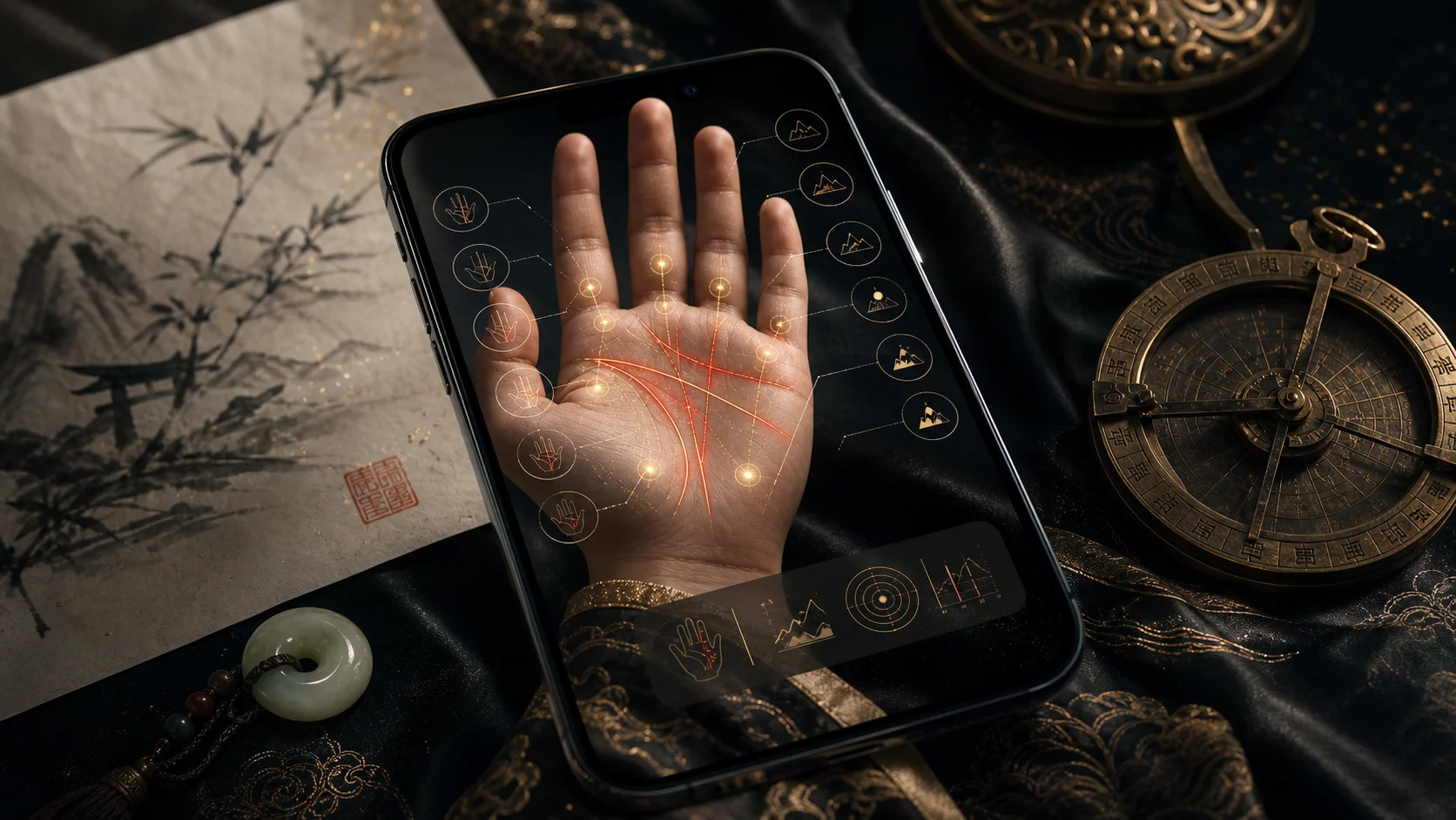 Modern phone scanning a palm with cinnabar palm lines and golden mount points over a Chinese ink-and-astrolabe setting